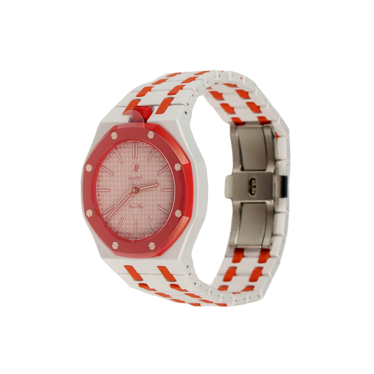 White & Orange Ceramic Watch Strap Band with Ceramic Case Mod Kit For Swatch X AP Royal Pop